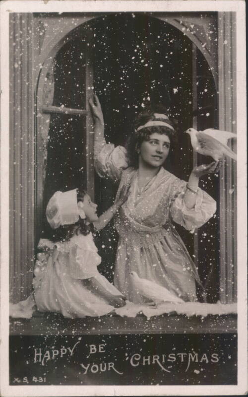 Woman and Child with White Doves, Happy Christmas Greeting