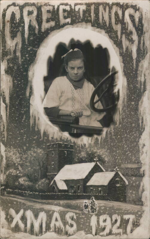 Greetings Xmas 1927 with Girl in Car and Church Scene