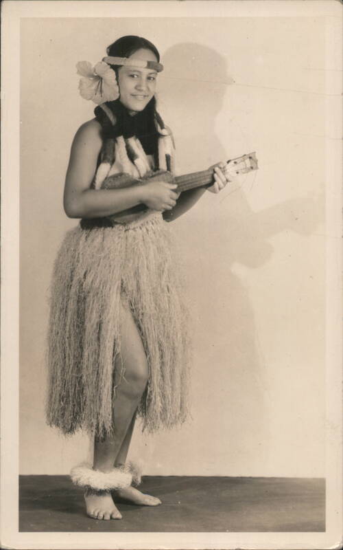 Hawaiian Hula Dancer Playing Ukulele, Grass Skirt