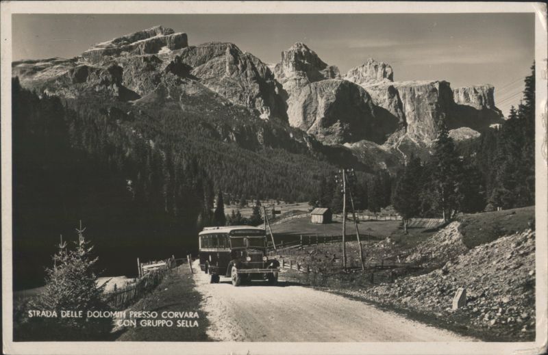 Bus on Strada delle Dolomiti near Corvara, Sella Group Italy