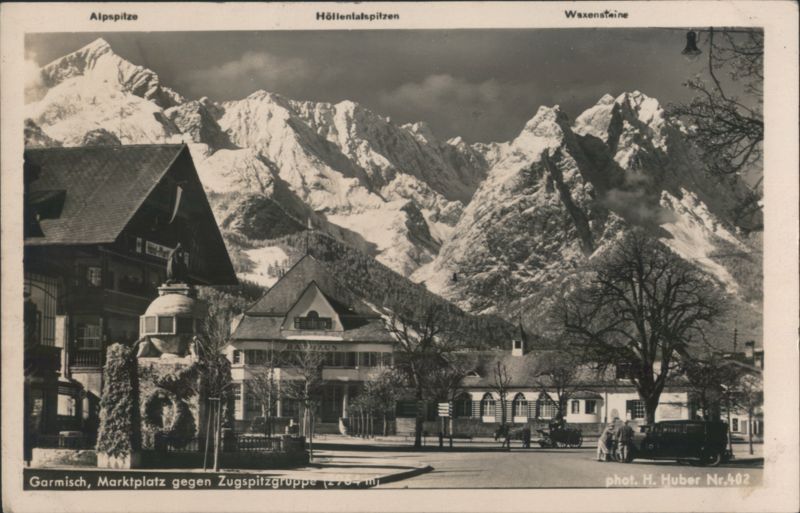 Marktplatz and Zugspitzgruppe Mountains, Garmisch Germany