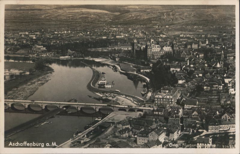 Aerial View of Aschaffenburg with River Main and Bridge Germany