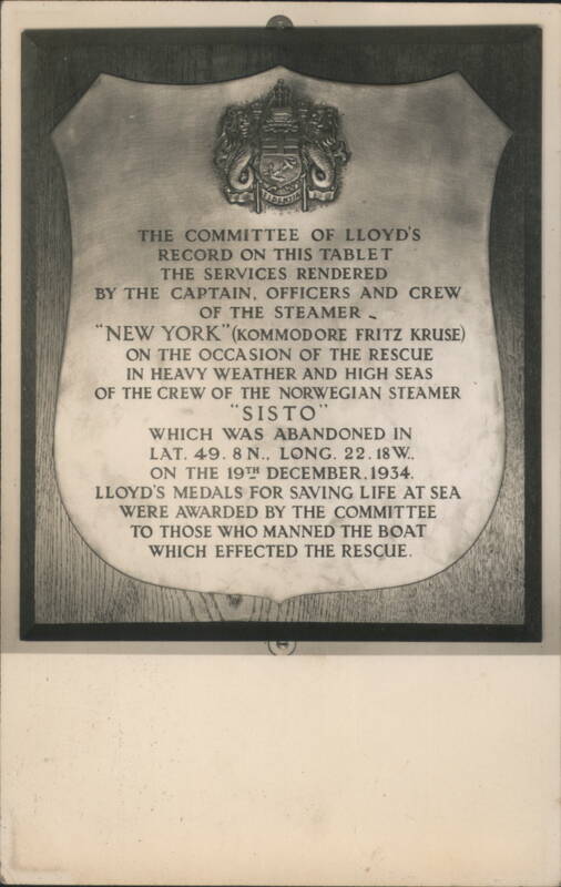 Lloyd's Tablet Commemorating Rescue of Sisto Crew 1934