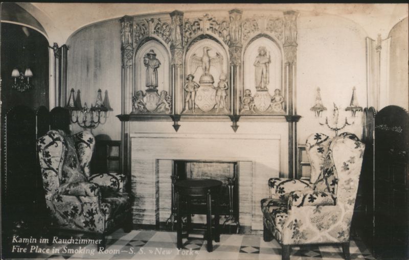 Smoking Room Fireplace, S.S. New York Interiors
