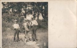 Three Men Holding Bottles in a Field Postcard