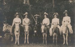 Group of Five Women and One Man Riding Donkeys Postcard