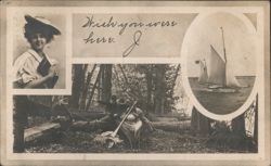 Velox Photo Advertising: Woman, Sailboat, and Campers Scene Postcard