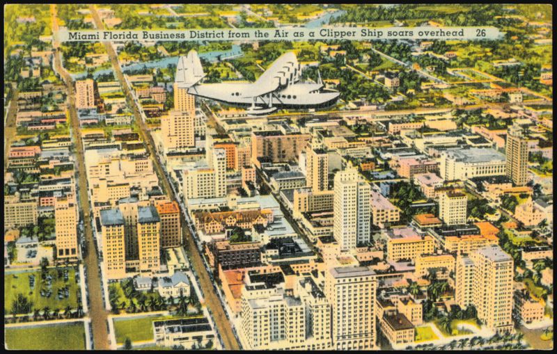 Miami Business District Aerial View with Clipper Ship Florida