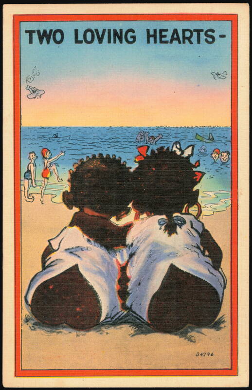 Two Loving Hearts, Humorous Beach Scene Illustration
