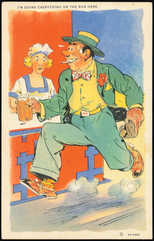 Humorous Cartoon Man Running with Beer, I'm Doing Everything