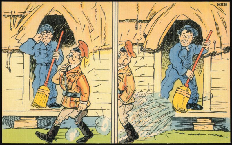 Humorous Cartoon Soldier Sweeping Dirt on Officer