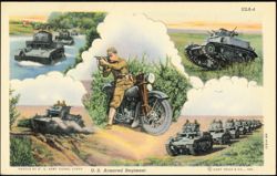 U.S. Armored Regiment Military Tanks and Motorcycle Postcard