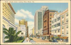 Flagler Street Looking West, Florida National Bank Building Postcard