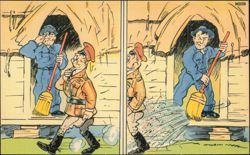 Humorous Cartoon Soldier Sweeping Dirt on Officer Postcard