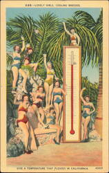 Lovely Girls, Cooling Breezes, California Thermometer Postcard