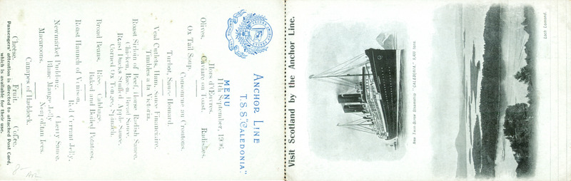 Anchor Line T.S.S. Caledonia Menu, December 1916, Loch Lomond View