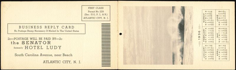 The Senator Hotel, Menu & Reservation Card, Atlantic City