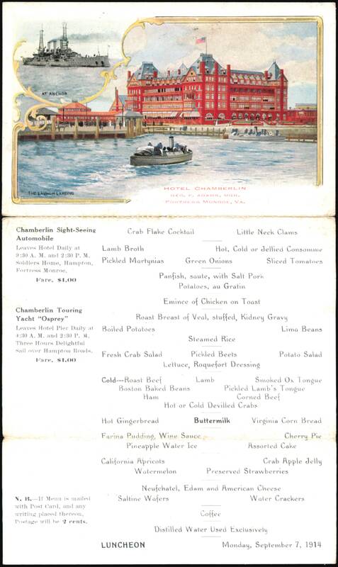 Hotel Chamberlin, Fortress Monroe, VA, 1914 Luncheon Menu Fort Monroe Virginia