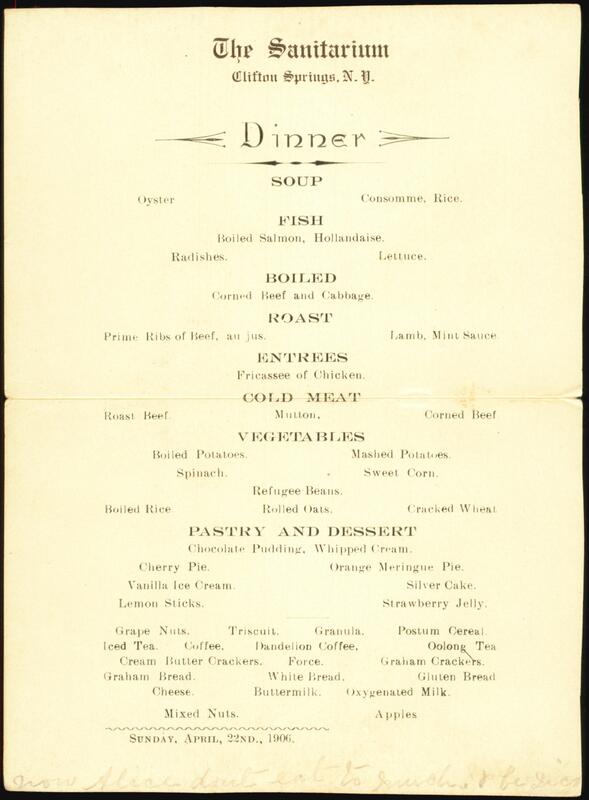 Clifton Springs Sanitarium Dinner Menu 1906 New York
