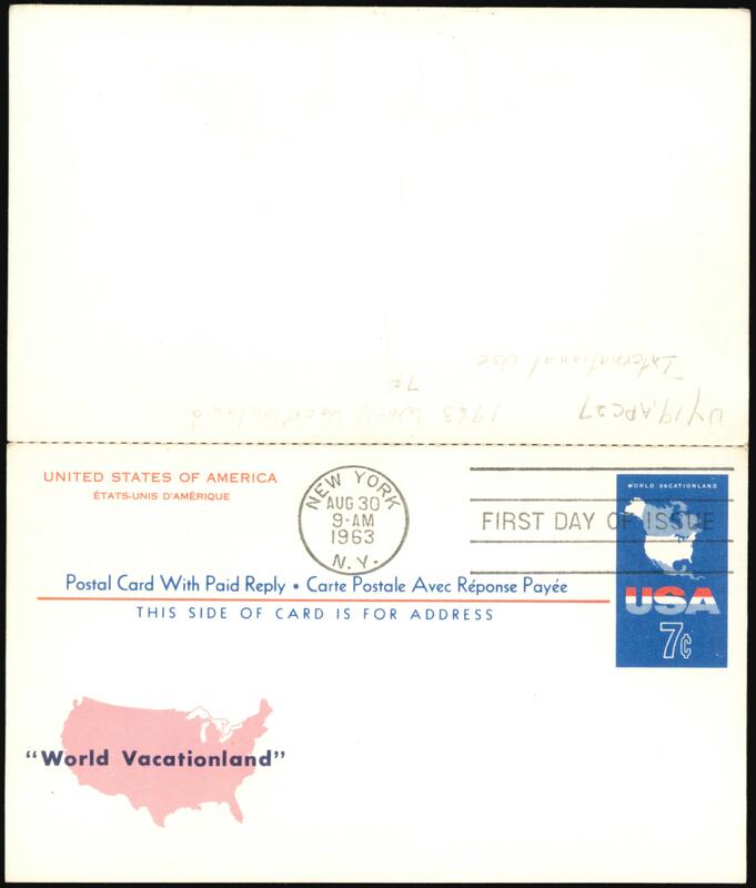 USA World Vacationland Reply Postal Card 7c First Day Issue