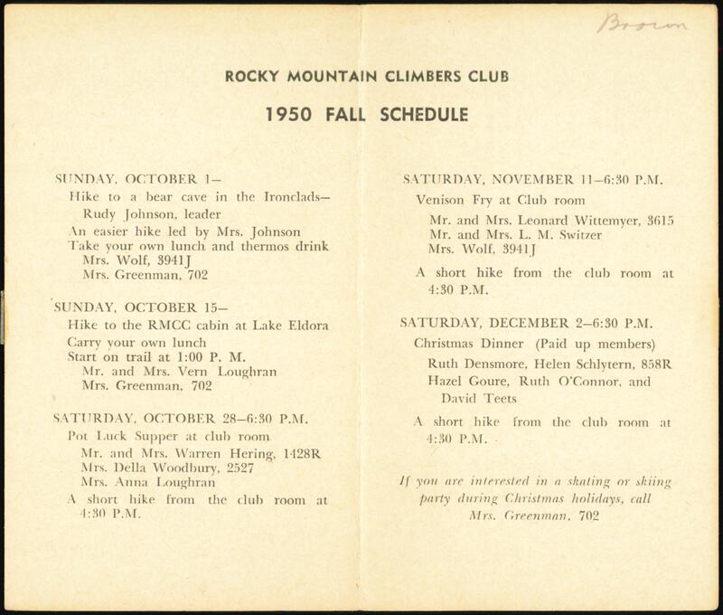 Rocky Mountain Climbers Club 1950 Fall Schedule Fraternal