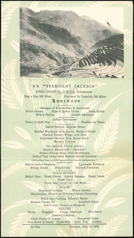 S.S. President Jackson Lunch Menu, Rice Terraces Luzon Philippines