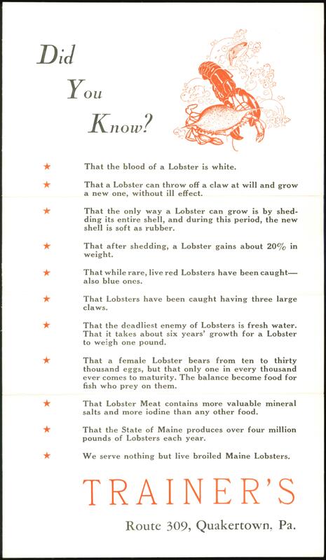 TRAINER'S DON DOR MAR Lounge, Quakertown PA, Lobster Facts Pennsylvania