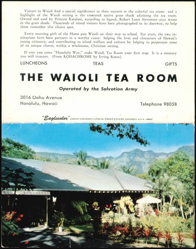 Waioli Tea Room, Operated by the Salvation Army, Honolulu Hawaii