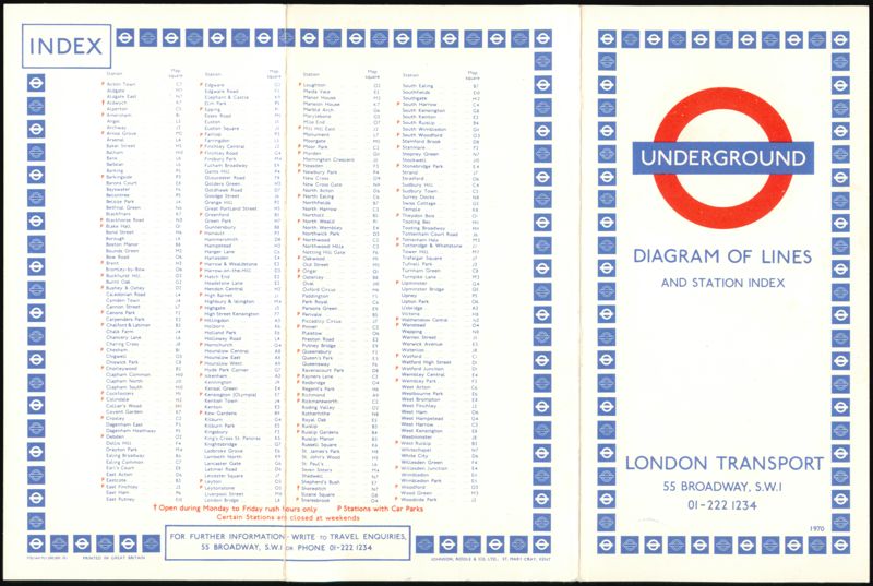 London Underground Diagram of Lines and Station Index 1970 United Kingdom