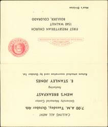 Men's Breakfast Invitation, First Presbyterian Church, Boulder Large Format Postcard