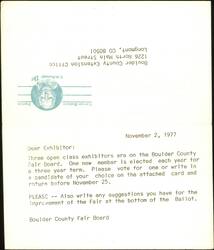 Boulder County Fair Board Election Letter 1977 Large Format Postcard