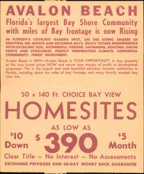 Avalon Beach Florida Bay Shore Homesites $10 Down Large Format Postcard