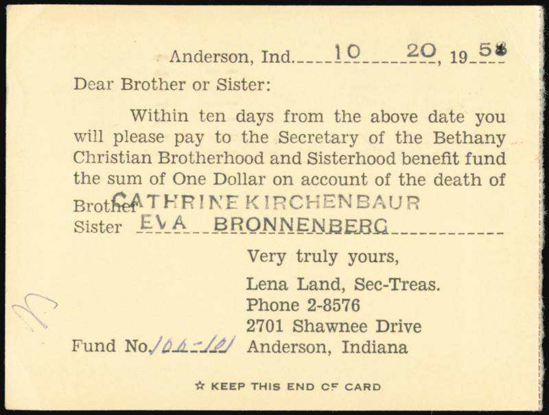 Bethany Christian Brotherhood Benefit Fund Notice Anderson Indiana