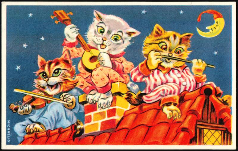 Michaelis Anthropomorphic Cats Musical Serenade on Roof