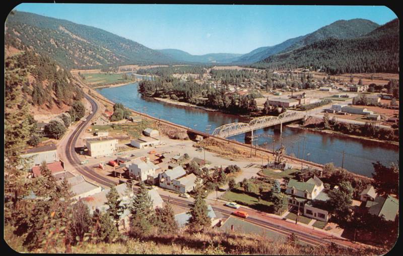 Bird's-Eye View of Town and Clark Fork River Bridge Superior Montana