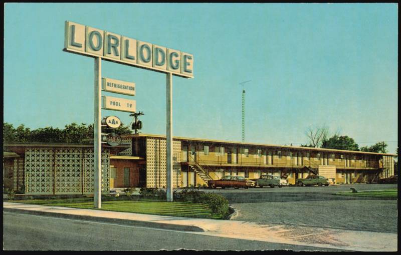 Carlsbad Lorlodge Motel with Neon Sign & Vintage Cars New Mexico