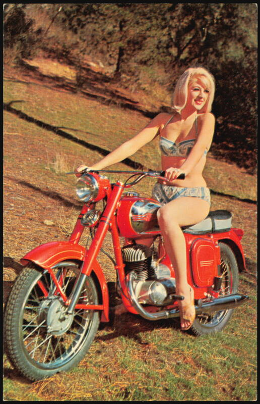 Jawa Two-Stroke Motorcycle Advertising, Model in Bikini