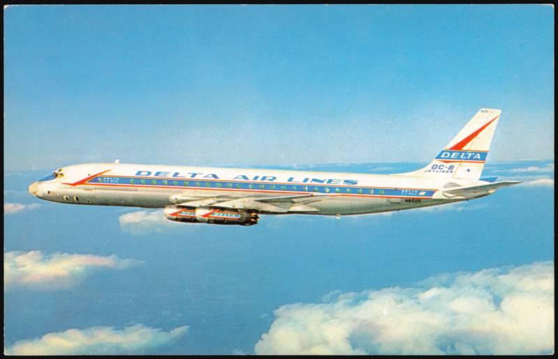 Delta Air Lines Douglas DC-8 Jetliner in Flight Airline Advertising