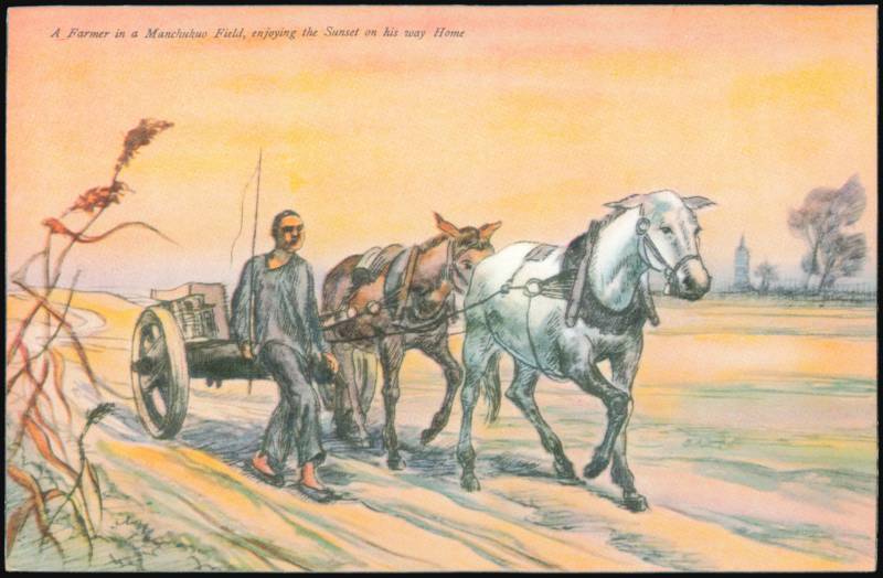 Farmer in a Manchukuo Field at Sunset with Horse & Cart Japan