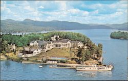 Famous Sagamore Hotel Aerial View with MV Ticonderoga Postcard