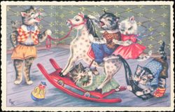 Dressed Kittens Playing with Rocking Horse by EK Postcard