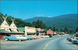 Street Scene with Tom-Tom and Sequoyah Restaurants Postcard