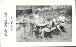 Camp Green Lane Campers Doing Crafts at Picnic Table Postcard