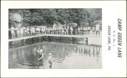 Camp Green Lane, Campers and Swimmers on Pier Postcard