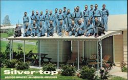 Silver-Top Aluminum Awnings - 26 Men and a Dog on Roof Postcard