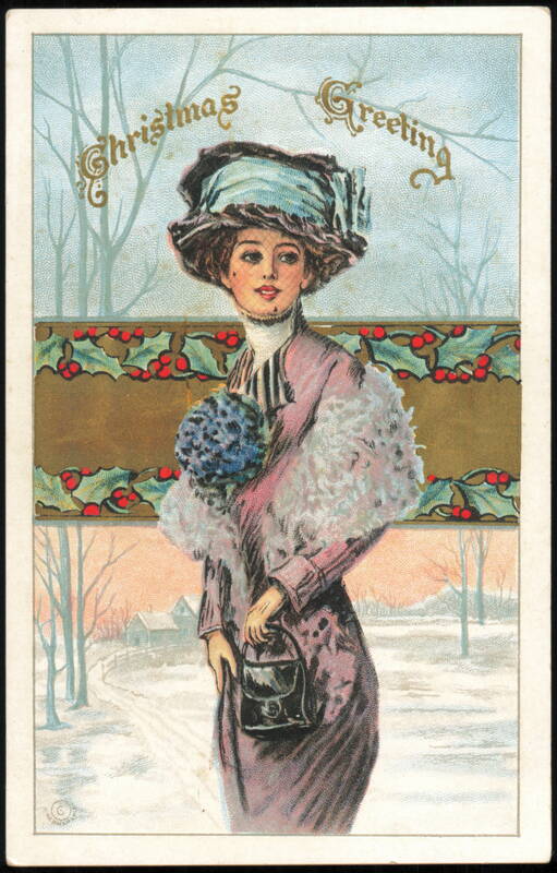 Christmas Greeting Elegant Lady in Winter Coat and Hat