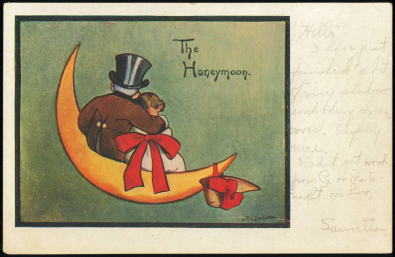 The Honeymoon, Couple Sitting on Crescent Moon D. Corbett