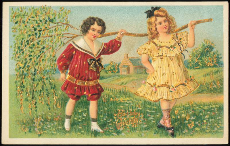 Boy and Girl Carrying Branch, Birthday Greeting