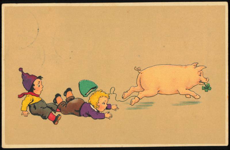 Boy Chasing Pig with Four-Leaf Clover