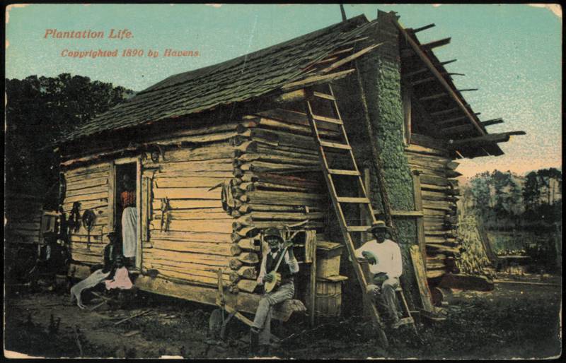 Plantation Life, Banjo Player & Family at Log Cabin